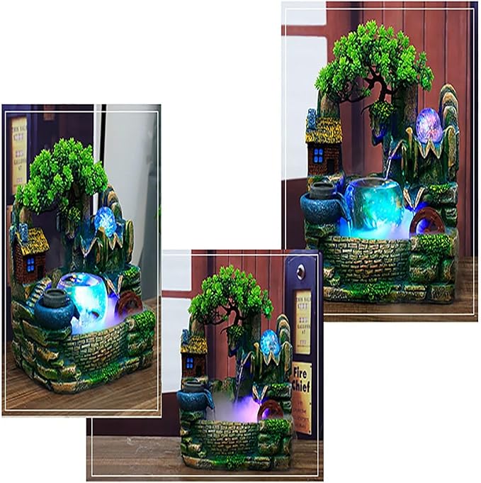 Waterfall Fountain Indoor Mini Waterfall with Led Lights & Atomizer Indoor Fountains and Waterfalls Table Top Water Fountain for Office, Home, Bedroom Desk Decor (Round Bowl Flowing Waters)