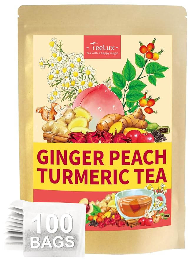 TeeLux Ginger Peach Turmeric Tea Bags, Warm Ginger with Tart Hibiscus & Soothing Chamomile, Tart & Sweet Flavor, Caffeine Free, 100 Count - Bloomnest