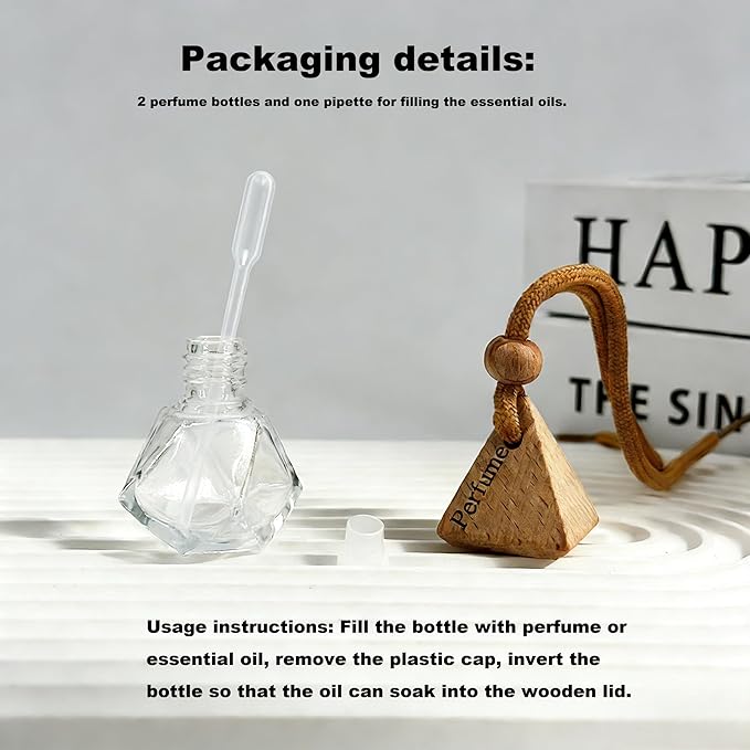 2-Pack Hanging Car Air Freshener, Refillable Glass Diffuser Bottle with Wooden Cap, Drift Car Freshener for Essential Oils, Long-Lasting Scent - Car Accessories for Women Men-Rhombus - Bloomnest