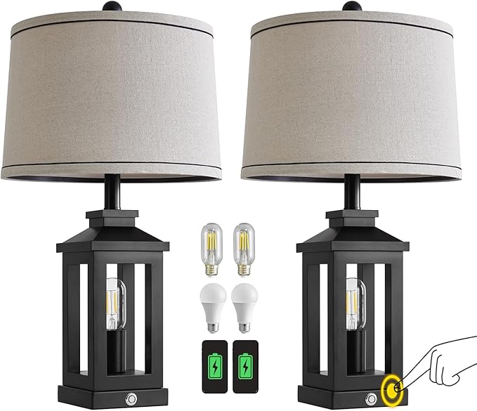 23.75" Retro Farmhouse Black Table Lamp for Living Room Bedroom Nightstand Set of 2 Touch Control Bedside Nightlight Vintage Modern Lamp with USB C+A Ports and 2 Light Sources - Bloomnest