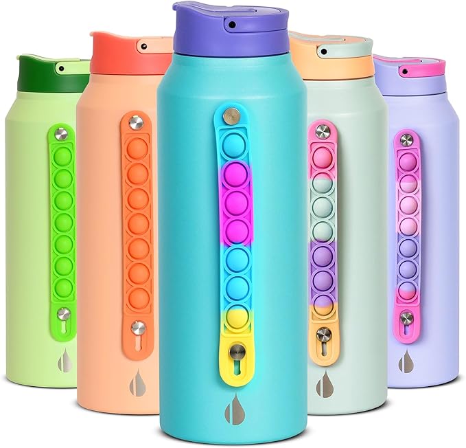 Elemental Iconic Water Bottle for School - 100% Leak-Proof Insulated Water Bottles with Straw Lid & Pop-It Handle - Triple-Wall Insulated & BPA-Free, 32oz – Blue Tie Dye - Bloomnest