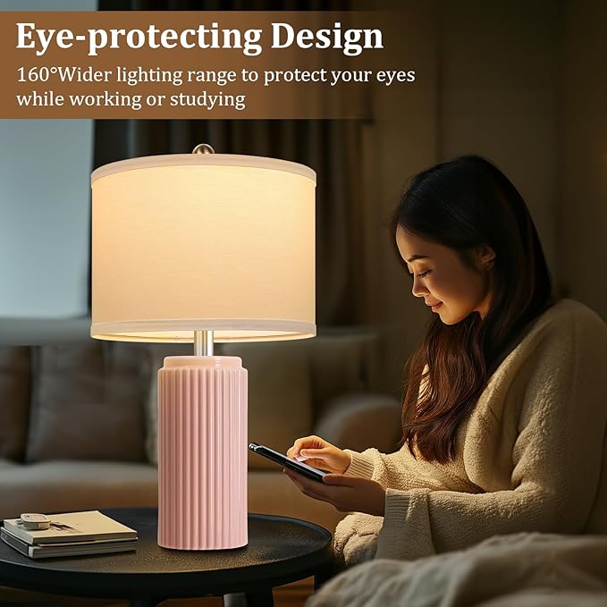 23.5’’ Modern Pink Table Lamps Set of 2 for Living Room, Ceramic Bedside Lamps with White Linen Shade for Girls Room, Rustic Nightstand Lamps for Bedroom Home Office, Cute Lamps for End Table Dorm - Bloomnest