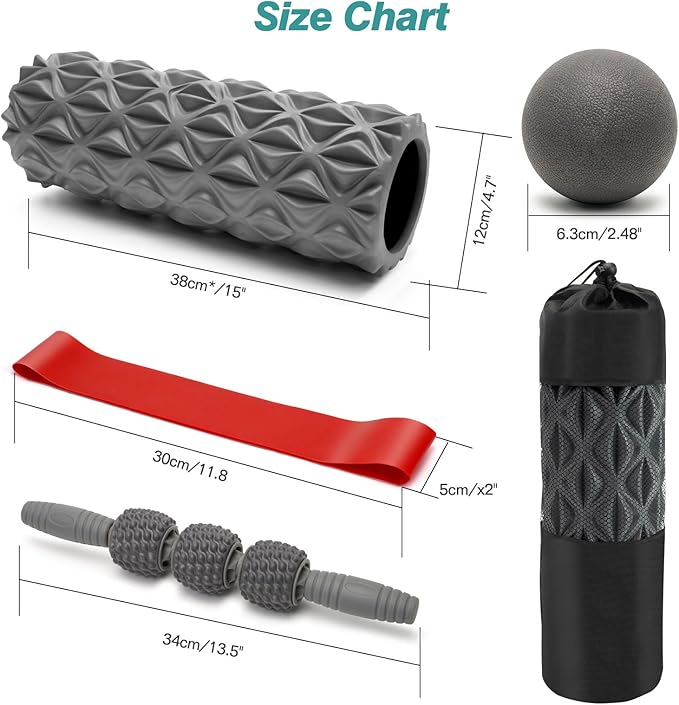 5 in 1 Foam Roller Set - Trigger Point Foam Back Roller, Muscle Roller Stick, Massage Ball, Stretching Band for Deep Muscle Massage Pilates Yoga,Fitness Exercise for Whole Body Release - Bloomnest