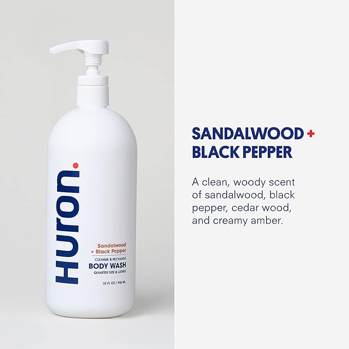 Huron Men’s Moisturizing Body Wash - Clean & Woody Scent of Sandalwood, Black Pepper, Cedarwood, & Amber - Made With Coconut Oil, Vitamin E & Witch Hazel - Vegan, Cruelty-Free - 30.3 fl oz - Bloomnest