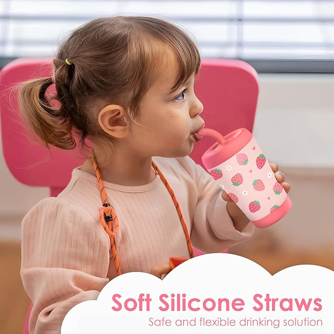 Kid Insulated Stainless Steel Tumbler with Silicone Straw, 12oz Sippy Cup for Kids (Strawberry) - Bloomnest