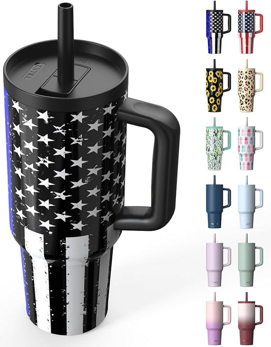TILUCK 40 oz Tumbler with Handle, Vacuum Insulated Stainless Steel Travel Mug with 100% Leak-Proof Silicone Straw Lid, Cupholder Friendly Water Bottle(BlackFlag, 40oz)