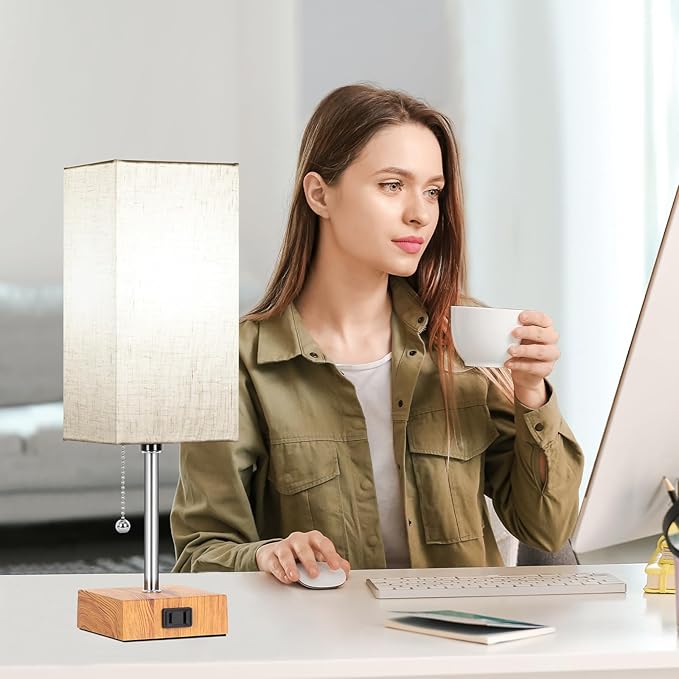 Table Lamp for Bedroom set of 2,3-Color Bedside Lamps with Pull Chain Table Lamps for Nightstand with AC Outlets,Small Night Light Lamps with 2 Bulbs Lamps for Living Room Kids Room Office Decor（Wood） - Bloomnest