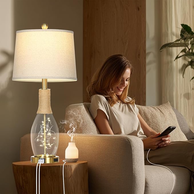 28" Boho Table Lamps Set of 2, Coastal Glass Lamps with USB A+C Ports and Outlet, Nautical Beach Bedside Lamp for Living Room Bedroom Night Stands(2 LED Bulbs Included), Gold - Bloomnest