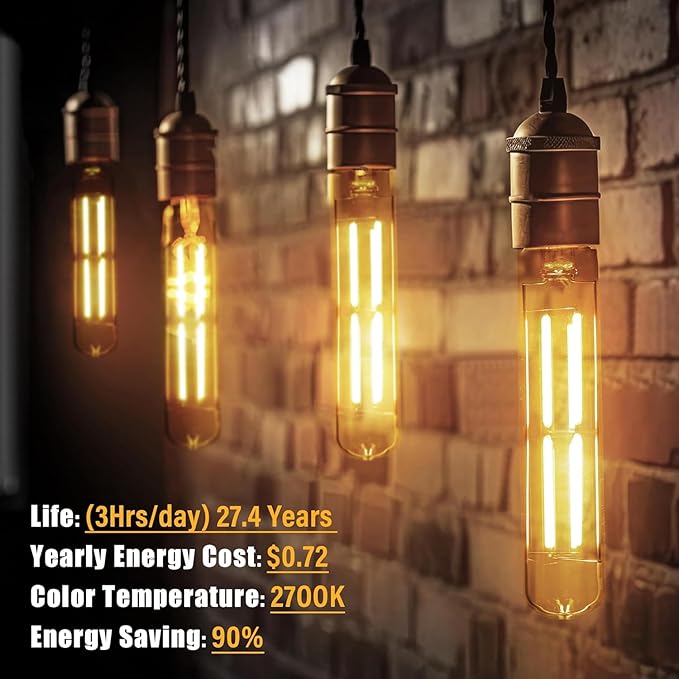 8.9IN LED Light Bulbs E26 Base, 6W 800LM 2700K Soft White T10 T9 Vintage Edison Bulbs Dimmable, AC 120V Equal 80 Watt Clear Glass Long Tubular Filament Bulb, UL Listed - 2Pack - Bloomnest