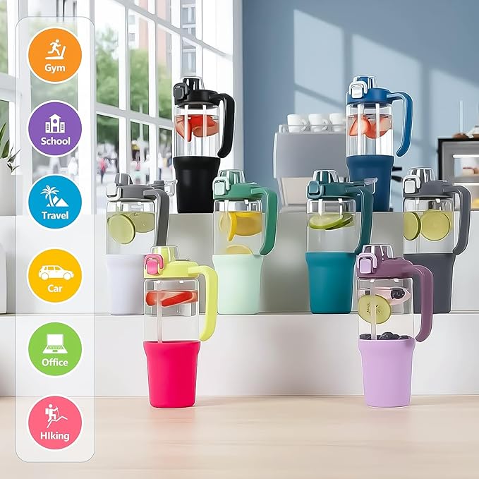32 oz Glass Tumbler with Handle, 2-in-1 Straw and Sip Spout, Leakproof, BPA-Free Glass Water Bottle for Sports, Office, School, Light Green - Bloomnest