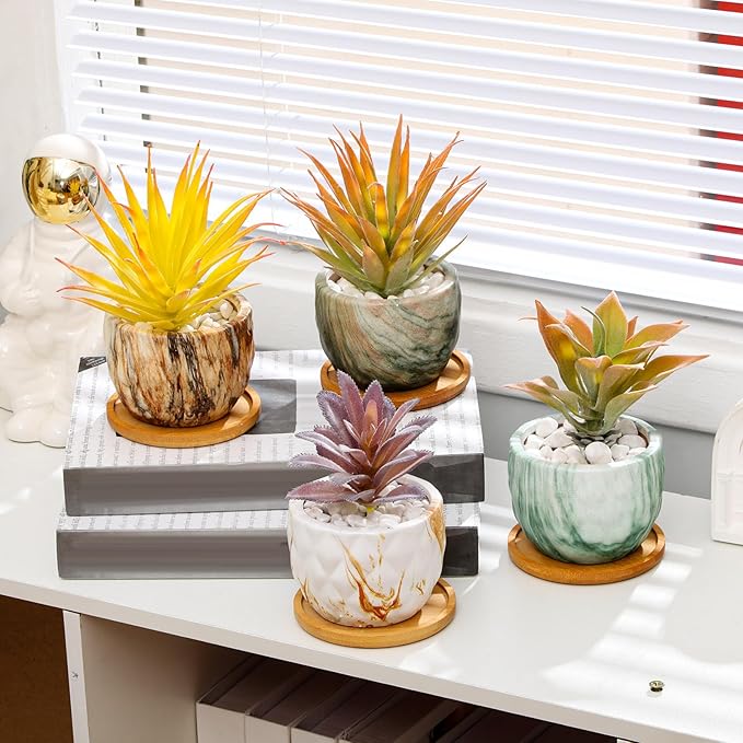 24 Pcs Marbling Ceramic Flower Pot 3.35 Inch Succulent Small Plant Cactus Herbs Planter Ceramic Pot with Drainage Hole Matte Round Container (Simple Style) - Bloomnest
