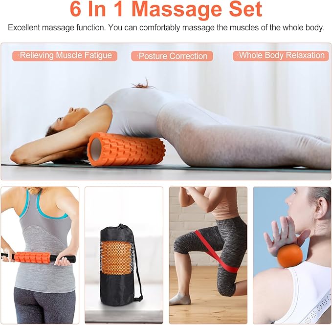 5 in 1 Foam Roller Set Includes Hollow Core Massage Roller, Yoga Stick, Massage Ball, Fitness Stretching Strap, Carrying Bag, Towel, Massage Roller (Orange) - Bloomnest