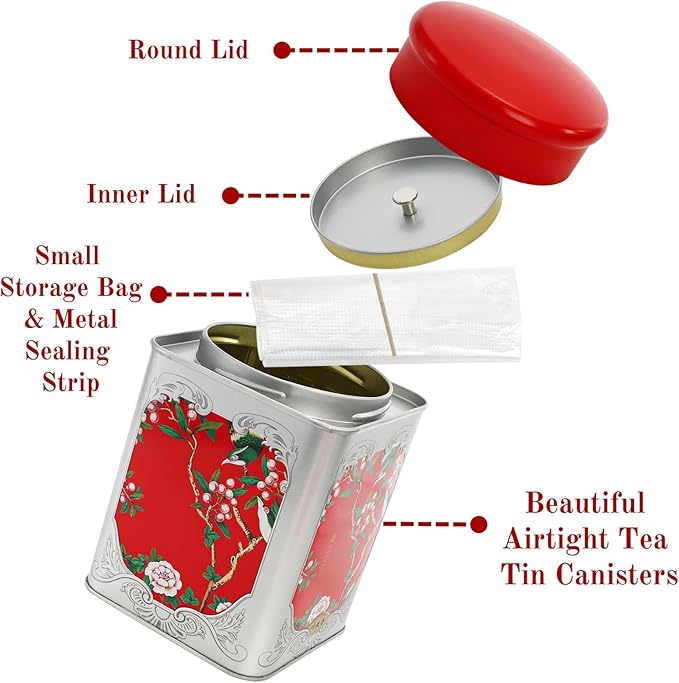 3 Pack Airtight Tea Tin Canister, 38 OZ Tinplate Empty Loose Tea Box, Chinese Style Jar with Double Lids, Matcha Tin Containers, Vintage Square Coffee Canisters for Candy Nut Spice Kitchen