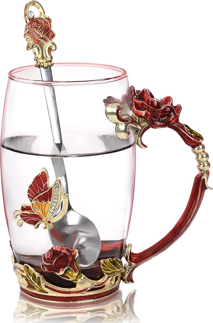 Glass Coffee Mugs Flower Butterfly Tea Cup with Spoon and Box, Personalized Gifts for Mothers Day Gift, Women, Wife and Girlfriends (11oz) - Bloomnest