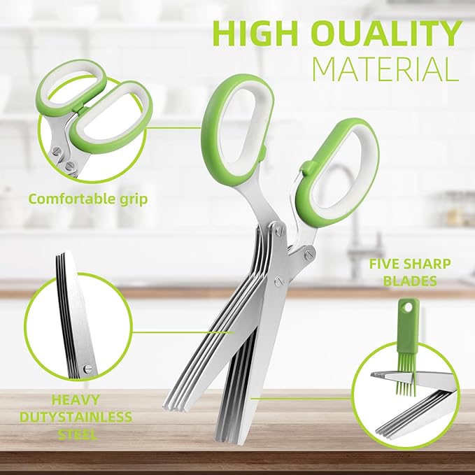 2025 Herb Scissors Set - Classic green 5-Blade Design with Cover and Comb - Skin-Friendly Handle for Comfortable Grip - Dishwasher Safe, Rust-Resistant Stainless Steel for Fresh Herbs - Bloomnest