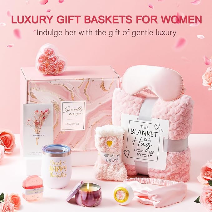 Birthday Gifts for Women Self Care Get Well Soon Gift Baskets, Rose Relaxing Spa Gift Basket Care Package w/ Luxury Flannel Blanket, Unique Valentines Day Gifts for Mom Her Friend Sister Wife Grandma