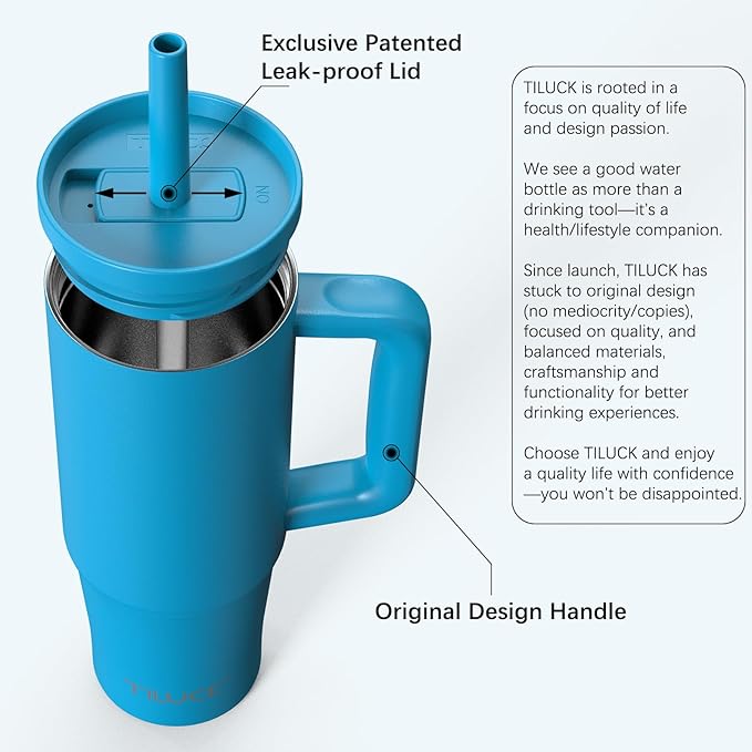 TILUCK 30 oz Tumbler with Handle, Vacuum Insulated Stainless Steel Travel Mug with 100% Leak-Proof Silicone Straw Lid, Cupholder Friendly Water Bottle(LakeBlue, 30oz)