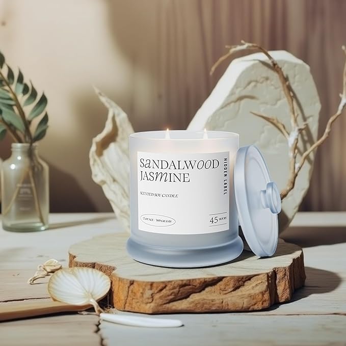 Sandalwood Jasmine Scented Candle, 2 Wicks, 13oz Natura Soy Wax Non Toxic, Large Candles for Home Scented, 75Hs Long Lasting Clean Burn | Aromatherapy Candle for Home Decor, Stress Relief & Relaxation - Bloomnest