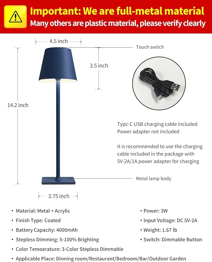KDG 2 Pack Cordless Table Lamp,Portable LED Desk Lamp, 4000mAh Battery Operated, 3 Color Stepless Dimming Up, for Restaurant/Bedroom/Bars/Outdoor Party/Camping/Coffee Shop Night Light(Blue) - Bloomnest