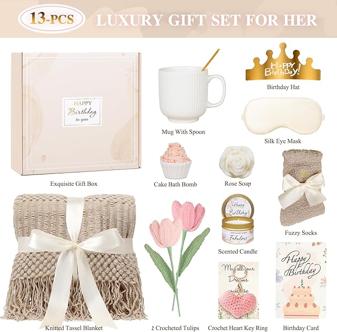 Birthday Gifts for Women - 13PCS Unique Happy Birthday Gifts Basket for Mom Her Best Friend Sister Wife Girlfriend Coworker - Relaxing Spa Self Care Package Get Well Soon Gifts Set (Vanilla) - Bloomnest