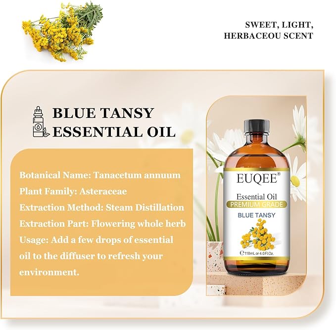 EUQEE Blue Tansy Essential Oil 118mL/4oz Pure Blue Tansy Oil Premium Essential Oil for Diffuser, Soap Making, Skin Care with Glass Dropper - Bloomnest