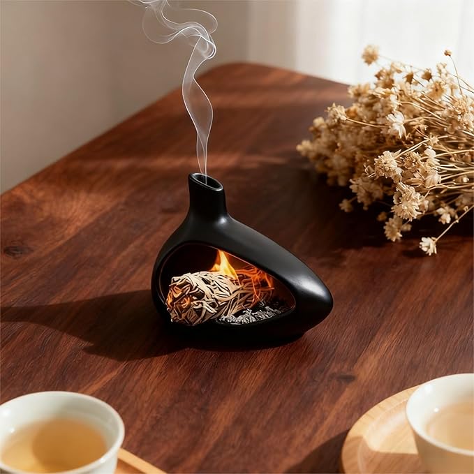 Palo Santo Holder, Ceramic Incense Burner for Sticks Sage Holders Cone Burning Smudge Bowl with Ash Brush for Meditation Yoga Spa Room Decor (Black) - Bloomnest