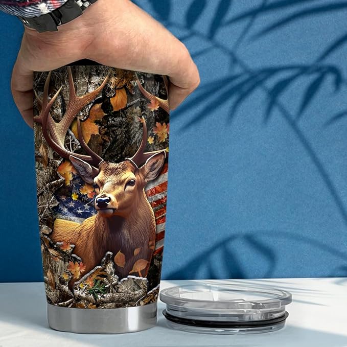SANDJEST Personalized Deer Hunting Tumbler 20oz 30oz Insulated Tumblers with Lid Coffee Travel Mug Cup Hunter American Flag Hunting Gifts for Men Birthday - Bloomnest