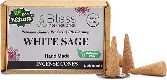 Bless-International White Sage 100%-Natural-Incense-Cones Handmade-Hand-Dipped Organic-Chemicals-Free for-Purification-Relaxation-Positivity-Yoga-Meditation The-Best-scents (20 Count)