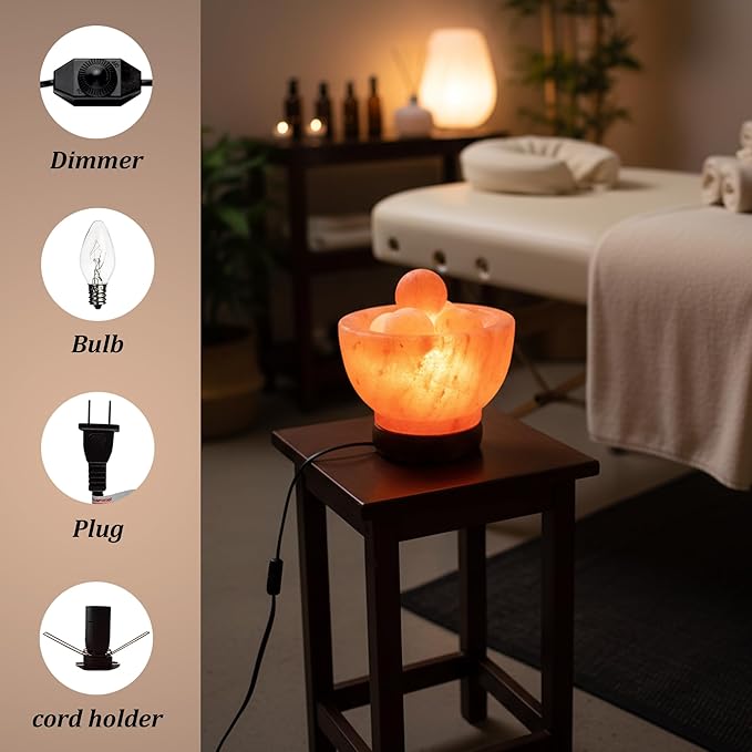 POHS Himalayan Pink Salt Fire Bowl Lamp with 5 Massage Balls, dimmable Switch Electrical Cord, with Replaceable Bulbs, Premium Wood Base.