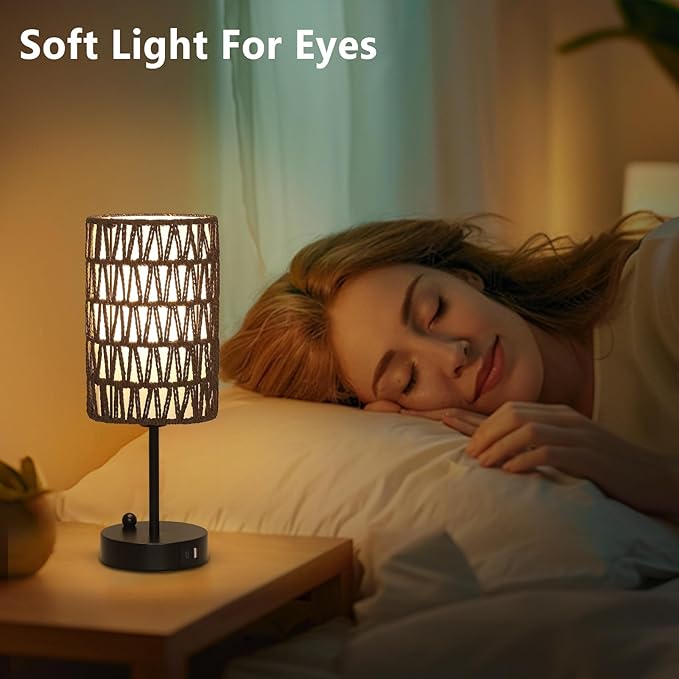 Gray Bedside Lamps Set of 2, Touch Control Night Stand Lamp for Bedroom with Rattan & Linen Shade & Bulbs, 3 Way Dimmable Small Boho Table Lamps with USB Charging Port & Phone Stand - Bloomnest