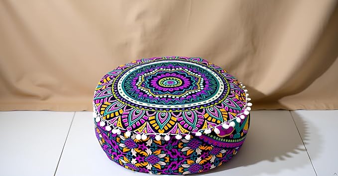 INDIAN CRAFT CASTLE ICC Floor Pillows & Cushion Covers Decorative Hippie Mandala Pouf Pillow Covers Seating Meditation Cushion Cover Large Boho Ottoman Case Pillowcase Couch New Pink, 16" Round - Bloomnest