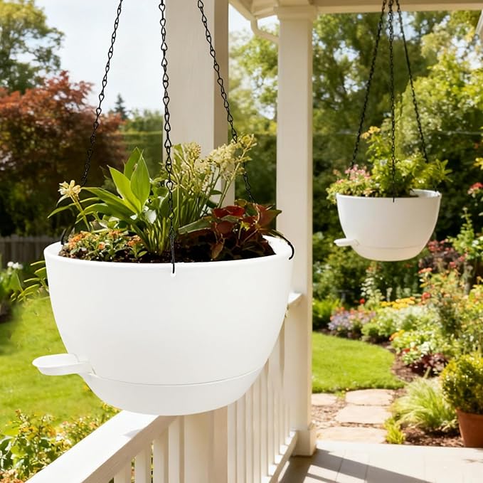 WOUSIWER Self Watering Hanging Planters, 2 Pack 12'' Plastic Pots with Drainage Holes & Reservoir Tray (White) | Indoor & Outdoor Use for Ferns, Ivy, Herbs, Succulents - Bloomnest