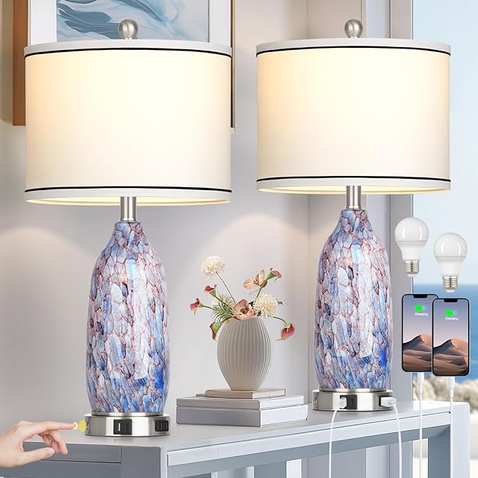 Coastal Lamps with USB A+C Ports & LED Night Light, Unique Seashells Glass Table Lamps with Natural Fabric Shade, Modern Touch Control Beach Bedside Lamp for Living Room Bedroom Nightstand Navy Blue - Bloomnest