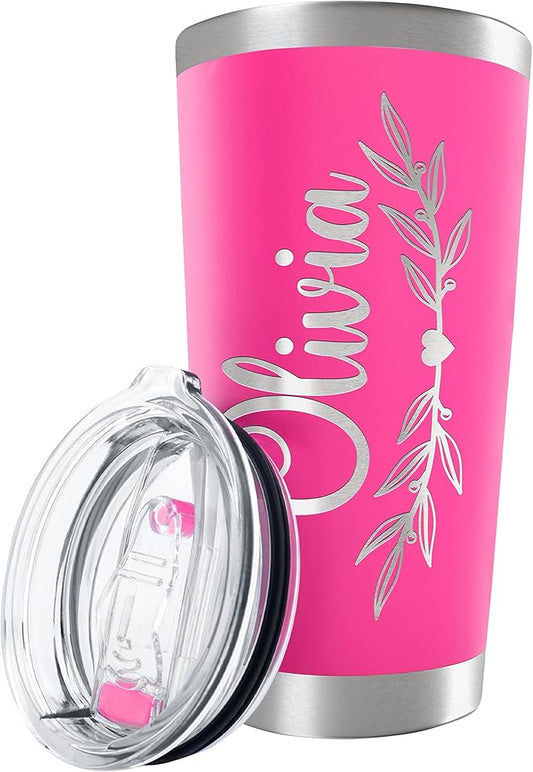 Personalized Tumbler with Engraved Name - 12 Designs, 20 Oz Coffee Tumbler with Slider Lid, Hot Pink, Double Wall Insulated - Custom Gift for Women - Bloomnest