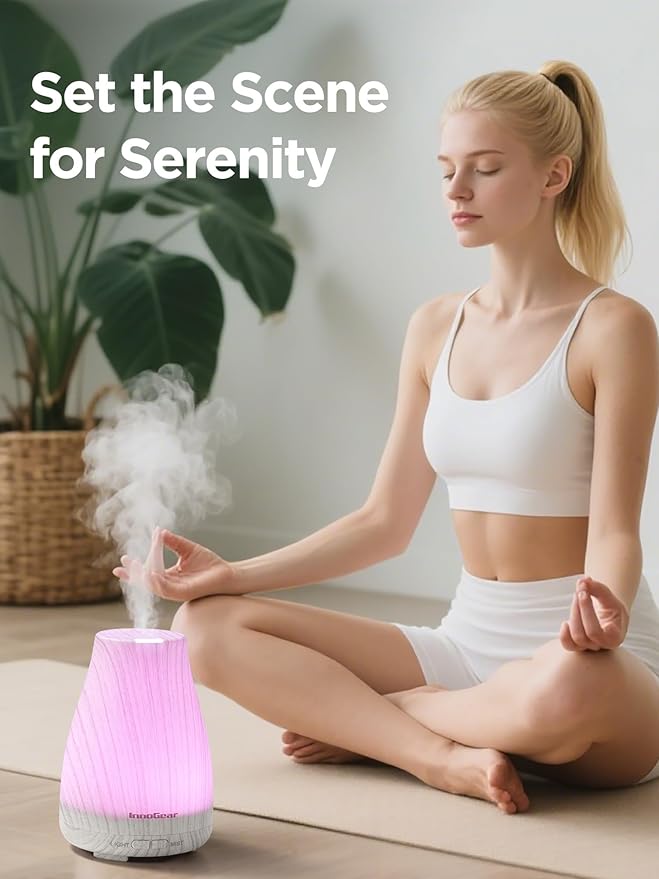 InnoGear Essential Oil Diffuser, Ultrasonic Diffusers for Home Aromatherapy Humidifier for Bedroom Room 7 Colors LED 2 Mist Mode Auto Off, White Grey - Bloomnest