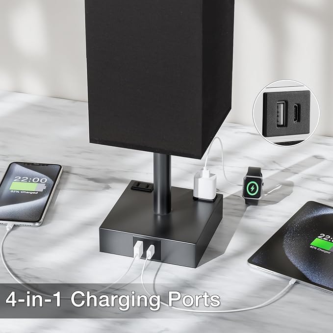 Touch Bedside Table Lamp for Nightstand - 3-Way Dimmable Night Lamp with USB A + Type C Charging Ports and Two AC Outlets, Small Desk Light with E26 LED Bulb for Bedroom Living Room Dorm Office,Black - Bloomnest