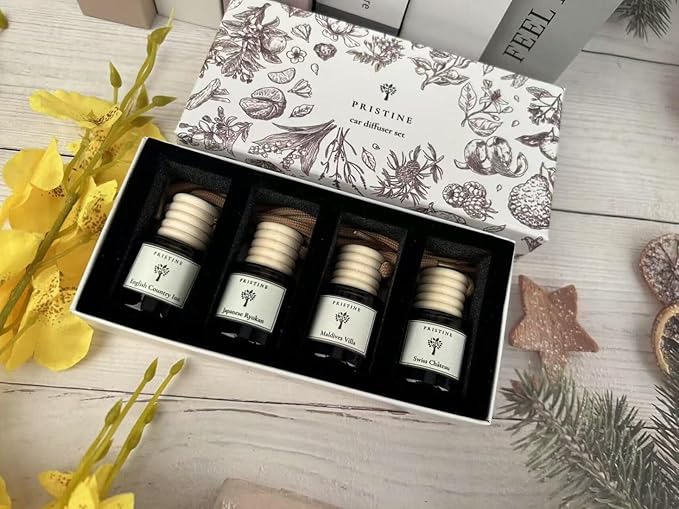 PRISTINE Car Air Freshener/Top 4 Hotel Blend Essential Oils 4 Pcs Set Mini Hanging Teakwood Cap Diffuser for Car Aroma Scenting/Cute Long-Lasting Fragrance for 30 Days of Aroma in Car - Bloomnest