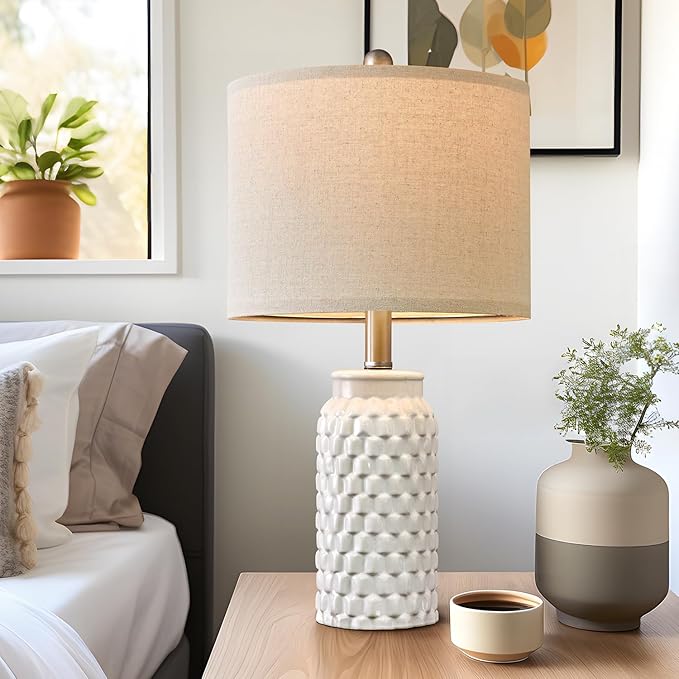 20.5" White Modern Ceramic Bedside Lamp Set of 2 for Bedroom Decor Farmhouse Table Lamp for Living Room Office Dorm - Bloomnest