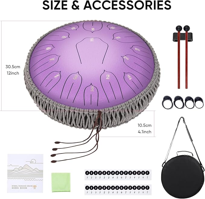 Steel Tongue Drum 12 Inch 15 Notes: Handpan Drums Set with Music Book Mallets Carry Bag - Hand Pan Instrument for Adults Musical Education Meditation Yoga Chakra (Purple)