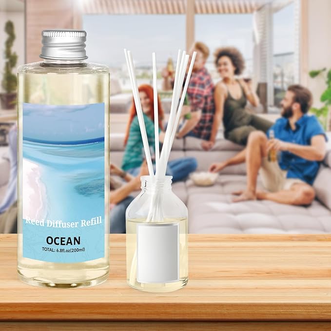 STRN Reed Diffuser Oil Refill, Ocean Scented Diffuser Oil Refills with 6 Reed Sticks 200ML(6.8fl.oz), Room Fresheners for Home, Long-Lasting Fragrance for Living Room, Bedroom, Office, Home Décor - Bloomnest