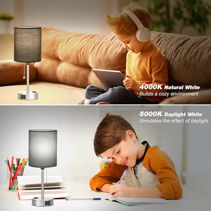 Black Table Lamp for Bedroom Nightstand - 3 Color Temperature Bedside Lamp with USB C and A Ports, Pull Chain Lamp for Bedroom with AC Outlet, Small Lamps Silver Metal Base for Kids Boys/Dorm Room - Bloomnest