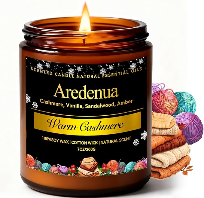Winter Candles - Warm Cashmere Candle | Warm & Cozy Holiday Scented Candles - 7oz Jar Soy Candle for Winter Home, Holiday & Christmas Gifts for Women Men - Bloomnest