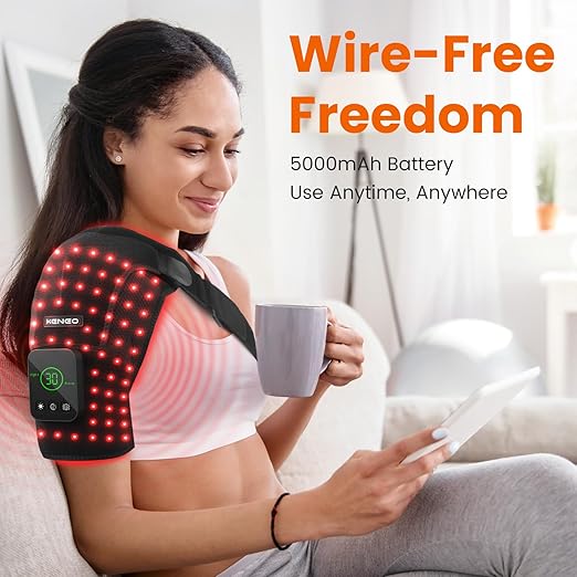 Keneo Red Light Therapy Shoulder Wrap with Heating Pad - 660nm & 850nm LED Technology, 5000 mAh Cordless Rechargeable Support for Muscle Comfort, 3 Vibration Levels & 3 Heat Settings - Bloomnest