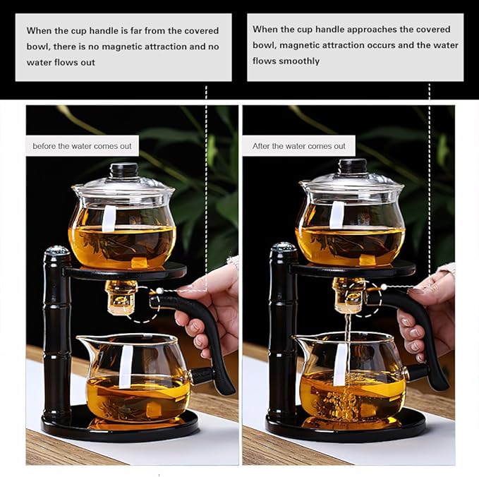 Kungfu Magic Tea Set Glass Magnetic Teapot Semi-Automatic Water Guide Magnetic Teapot with Infuser Heat-Resistant Glass Magic Tea Pot Magic Tea Set Perfect of Holiday Gifts (Black) - Bloomnest