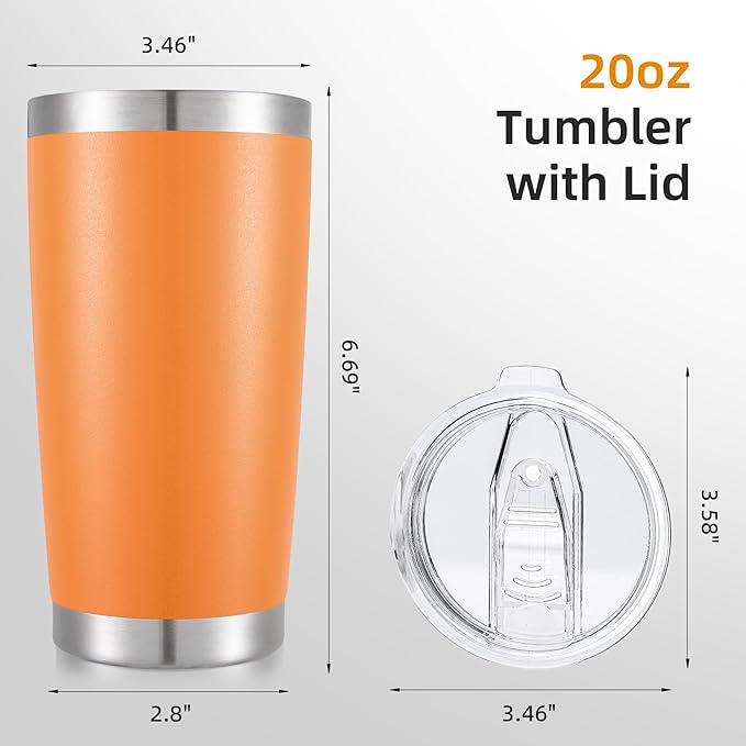 20 oz Tumbler Bulk with Lid Stainless Steel Insulated Tumblers Double Wall Vacuum Coffee Mug Powder Coated Tumbler Cups for Cold and Hot Drinks, Orange, 6 pack