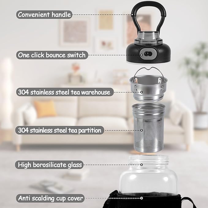 34oz tea bottle with infuser - Large Capacity Glass Water Bottle, With Time Mark, Stainless Steel Tea Strainer,Sleeve, BPA Free,For hot or cold drinks, coffee, tea and water - Bloomnest