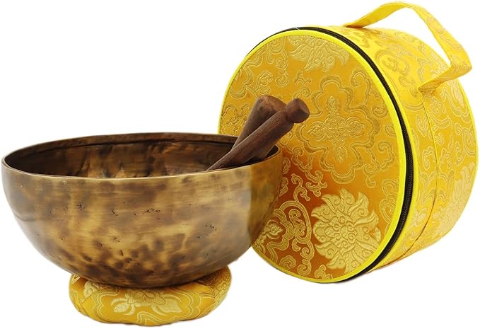 Tibetan Singing Bowl Set — 9 Inch Hand-Hammered Singing Bowl, 7 Metal Alloy, 2 Mallets, Silk Brocade Cushion and Carry Bag, Meditation Sound Bowl for Healing Chakra Yoga Mindfulness Khusi+Inc