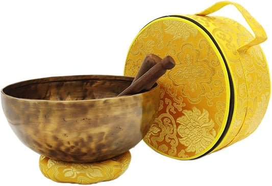 Tibetan Singing Bowl Set — 9 Inch Hand-Hammered Singing Bowl, 7 Metal Alloy, 2 Mallets, Silk Brocade Cushion and Carry Bag, Meditation Sound Bowl for Healing Chakra Yoga Mindfulness Khusi+Inc