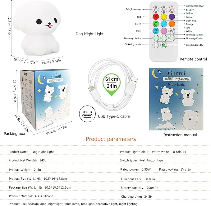 Night Lights Dog Silicone Bedside lamp for Children, Baby Nursery Light Decorative Lamps Decompression Light - Break Resistant/Eye Caring/Adjustable Brightness & Color/Time Setting - Medium - Bloomnest