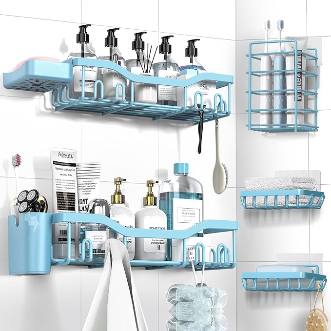 Shower Caddy Adhesive Shower Organizer 7-Pack, Rustproof Stainless Steel Bathroom Shelves, Large Capacity No-Drill Rack Storage Accessories with Soap Dish Toothbrush Holder Hooks - Bloomnest